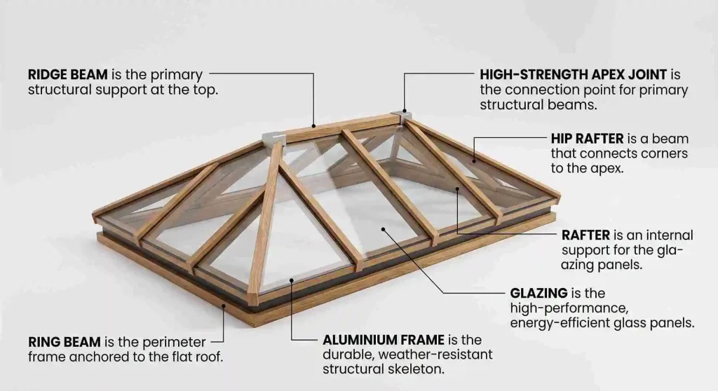 A realistic 3D render of a roof lantern detailing its structural anatomy, with labels pointing to the ridge beam, high-strength apex joint, hip rafter, internal rafters, energy-efficient glazing, aluminium frame, and ring beam.