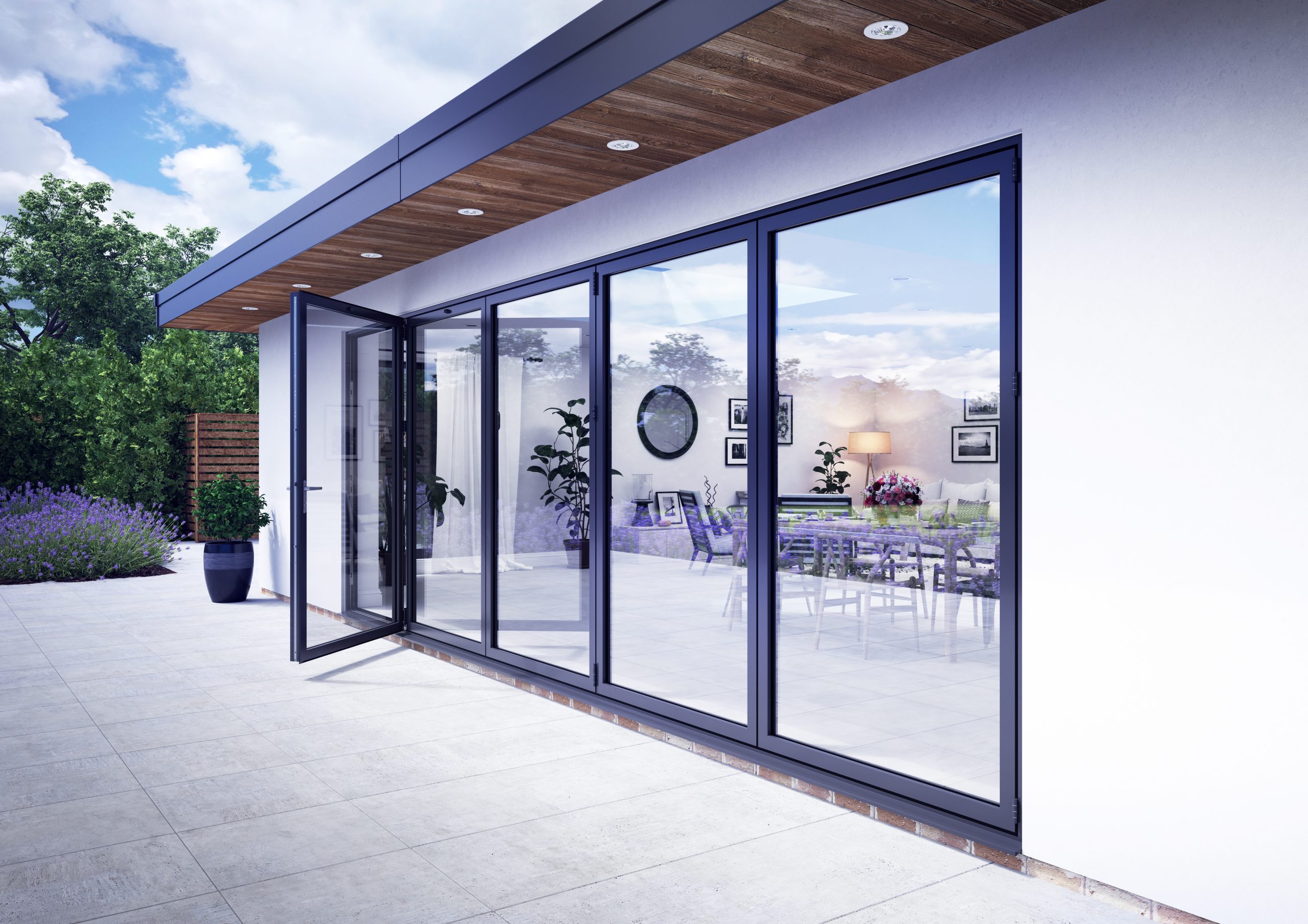 side shot of black bifold doors on home