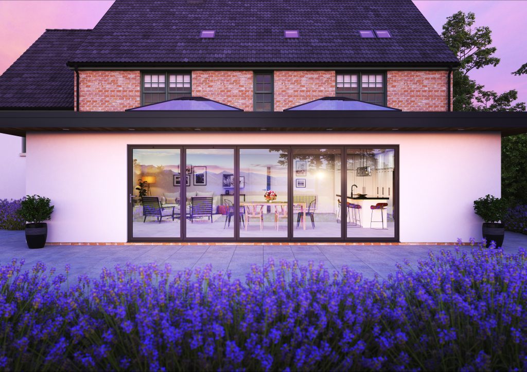 large house with black bifolds and bluebells in foreground