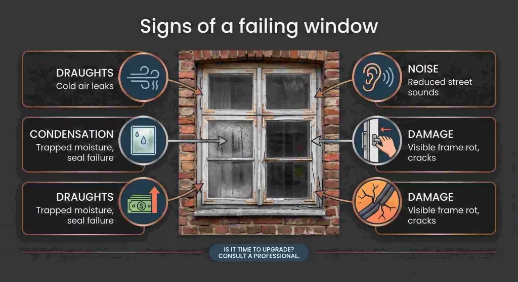 Signs of a Failing Window Signs of a failing window infographic showing draughts, condensation, and damage.