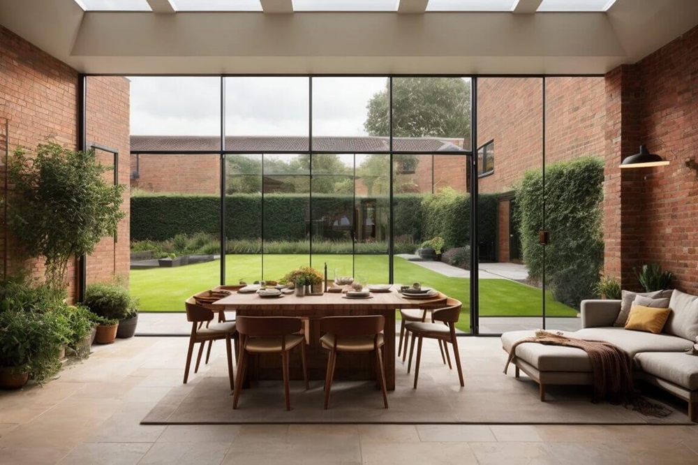 The interior of the brick house extension effortlessly unfolds, showcasing the vibrant garden beyond.