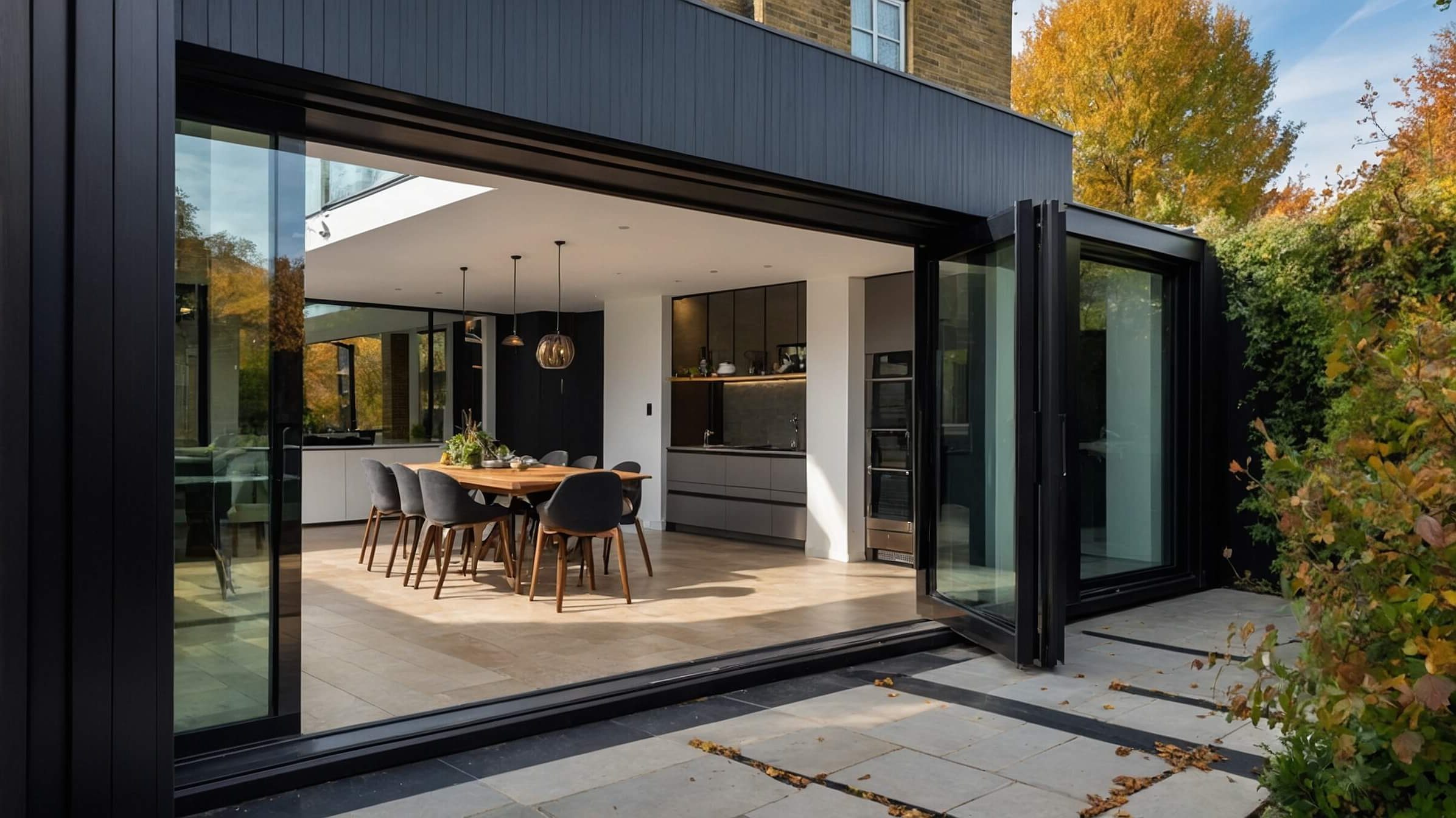 Black aluminium bifold doors connecting a modern kitchen and dining area to an outdoor patio with a seamless indoor-outdoor flow.