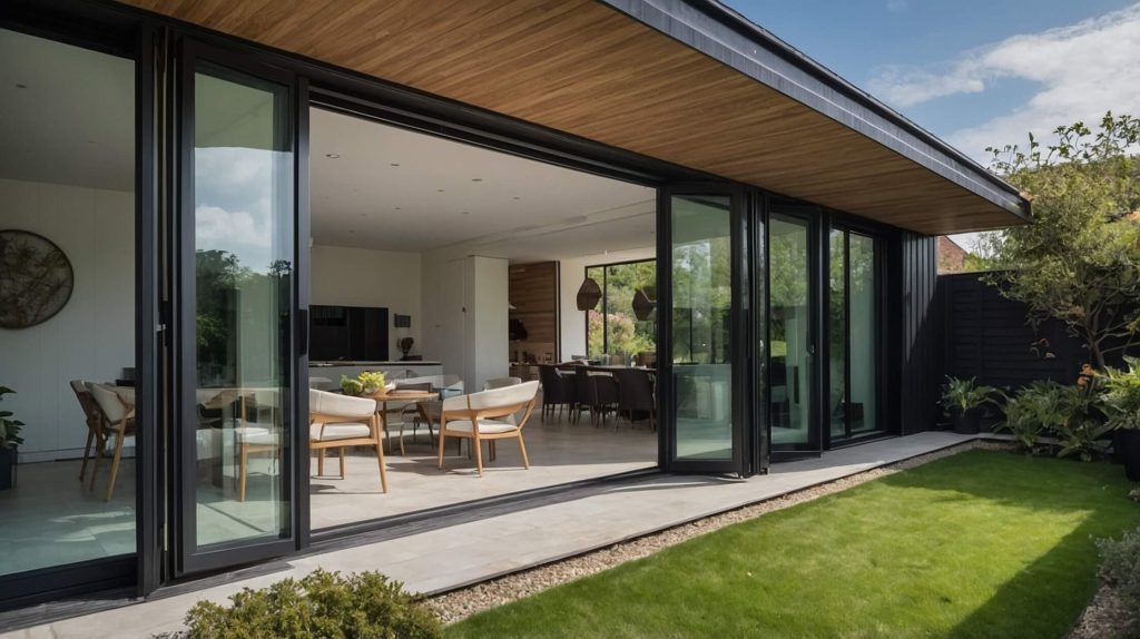 Modern black aluminium concertina bifold doors opening to a garden in a contemporary London home.