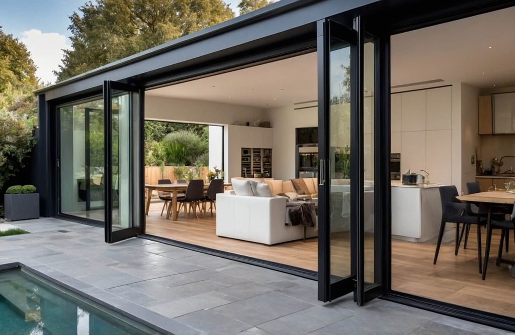 Modern black bifold doors opening to a patio with a pool, connecting indoor and outdoor spaces.