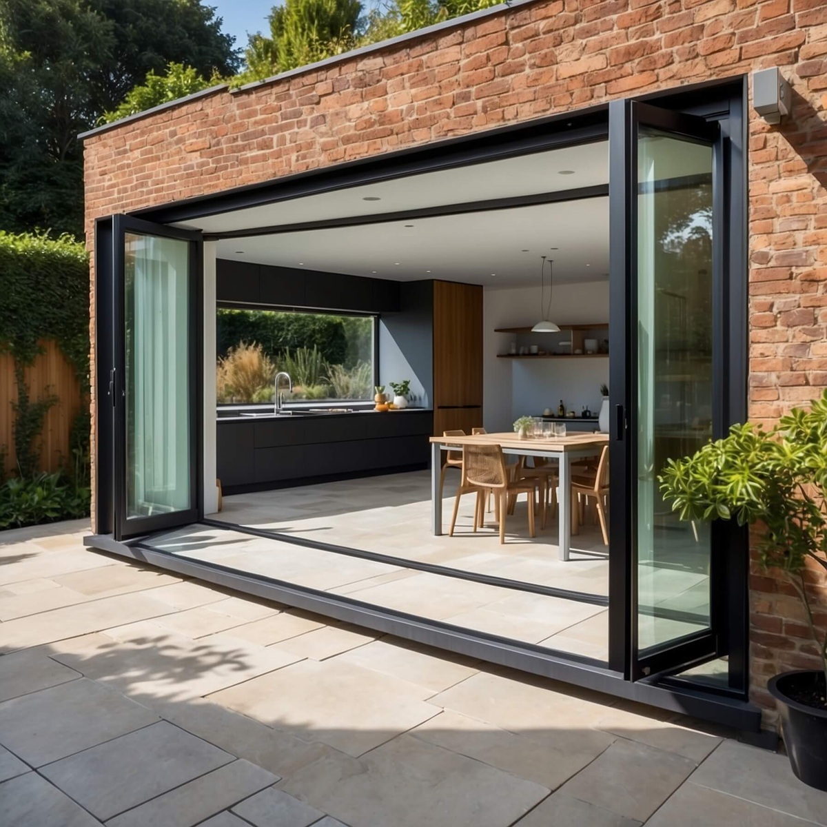 Modern black aluminium bifold doors opening onto a stone patio from a contemporary kitchen extension.