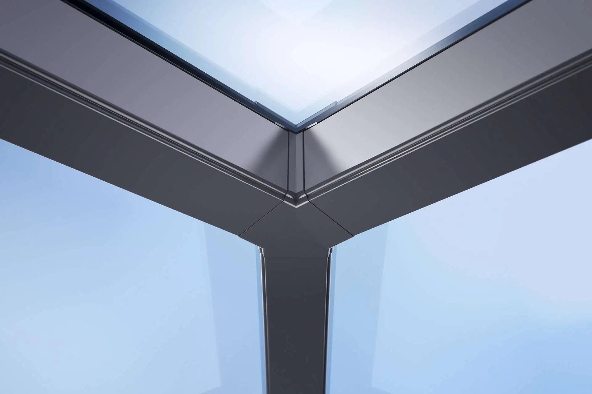 This image shows a seamless join in the Korniche Roof Lantern, with sleek aluminium frames and precision-engineered joints. It complements the page content by illustrating the product’s advanced design and aesthetic appeal.